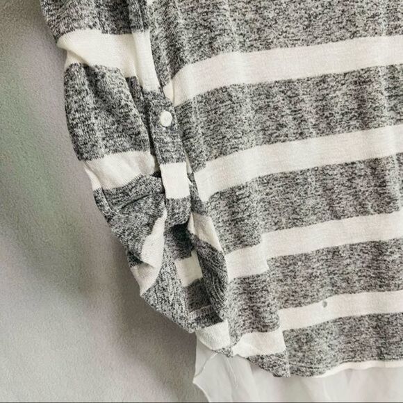 Striped Knit Long Sleeve Top with White Mesh High Low Shirttail - Picture 3 of 7